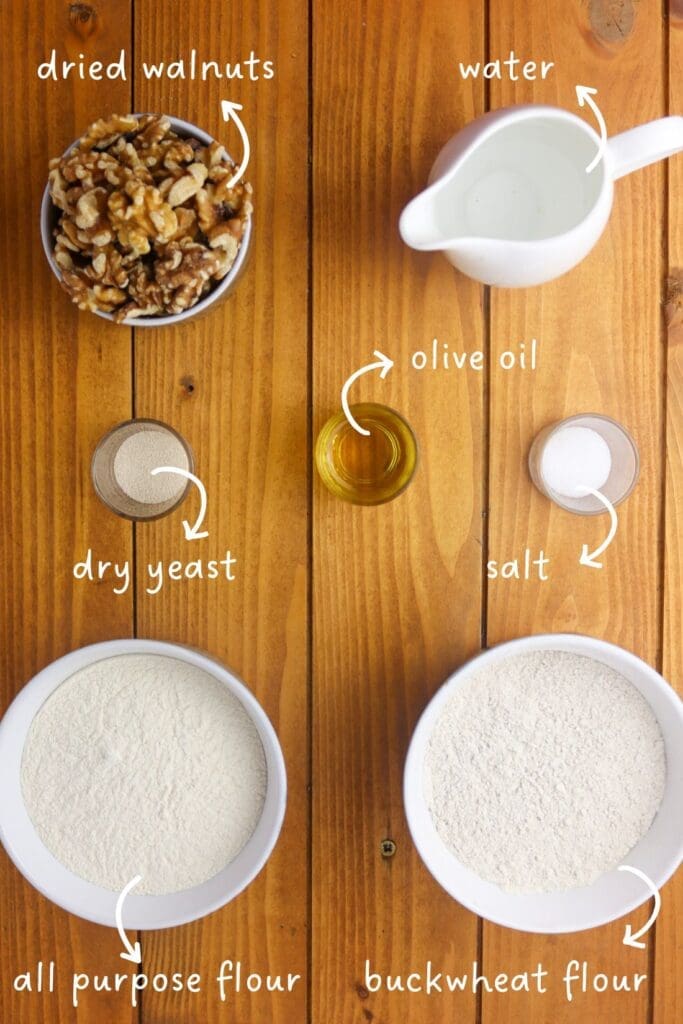 buckwheat bread with walnuts ingredients: buckwheat flour, all-purpose flour, yeast, salt, olive oil and dried walnuts